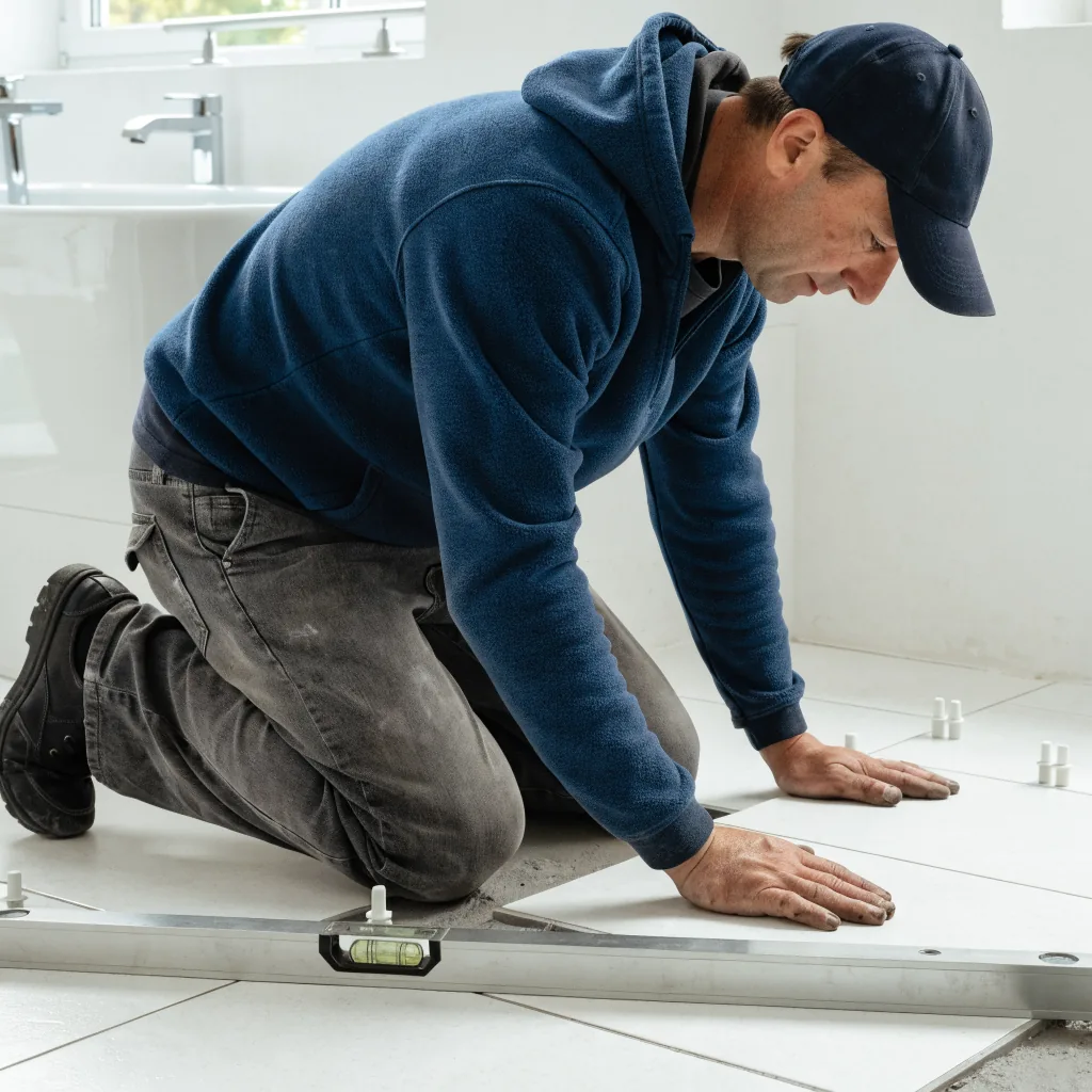 A tiler levelling floor tiles with spacers in a Rugeley bathroom